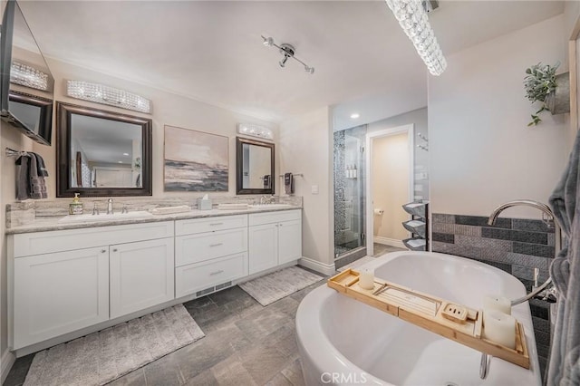 27550 N Bay Rd, Lake Arrowhead, CA 92352 - full bath with a stall shower, a bath, double vanity, and recessed lighting