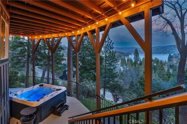 27550 N Bay Rd, Lake Arrowhead, CA 92352 - view of patio / terrace with a hot tub and a mountain view