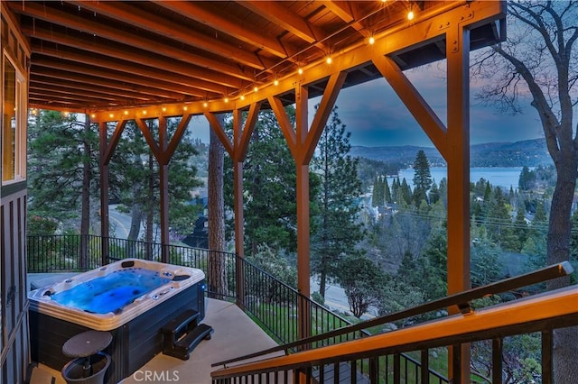 27550 N Bay Rd, Lake Arrowhead, CA 92352 - view of patio with a hot tub and a mountain view