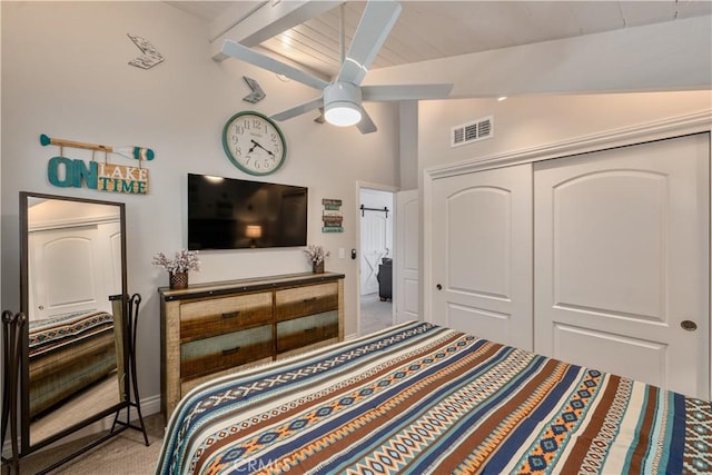 27550 N Bay Rd, Lake Arrowhead, CA 92352 - carpeted bedroom featuring high vaulted ceiling, beamed ceiling, a closet, and ceiling fan