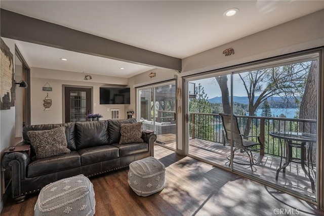 27550 N Bay Rd, Lake Arrowhead, CA 92352 - living area featuring wood finished floors and recessed lighting