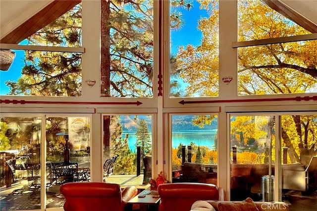 27550 N Bay Rd, Lake Arrowhead, CA 92352 - sunroom / solarium with a water view and plenty of natural light