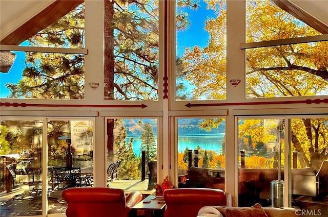 27550 N Bay Rd, Lake Arrowhead, CA 92352 - sunroom / solarium featuring a water view and plenty of natural light