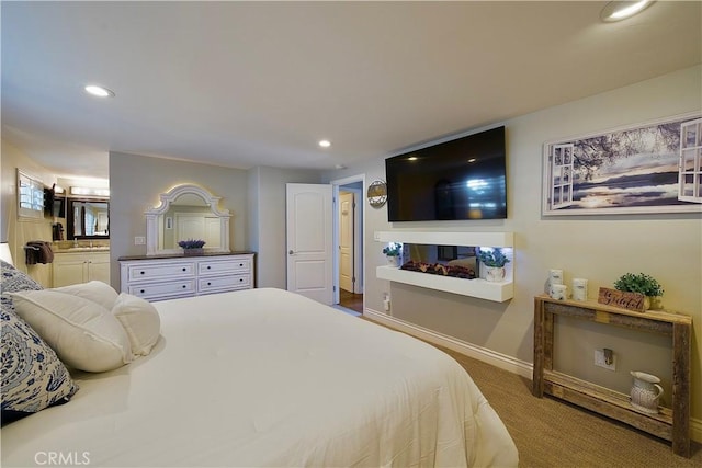 27550 N Bay Rd, Lake Arrowhead, CA 92352 - bedroom with recessed lighting, baseboards, carpet, and ensuite bath