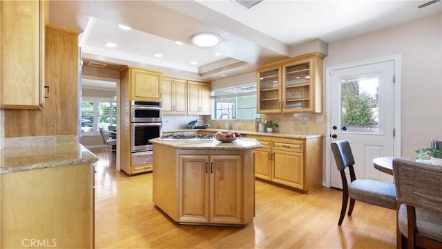 kitchen with appliances with stainless steel finishes, tasteful backsplash, light wood-type flooring, and a raised ceiling