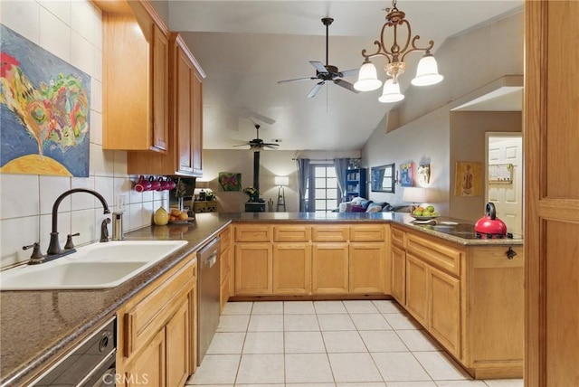 24980 Sunset Way, Tehachapi, CA 93561 - kitchen with a sink, dishwasher, light tile patterned floors, vaulted ceiling, and a peninsula