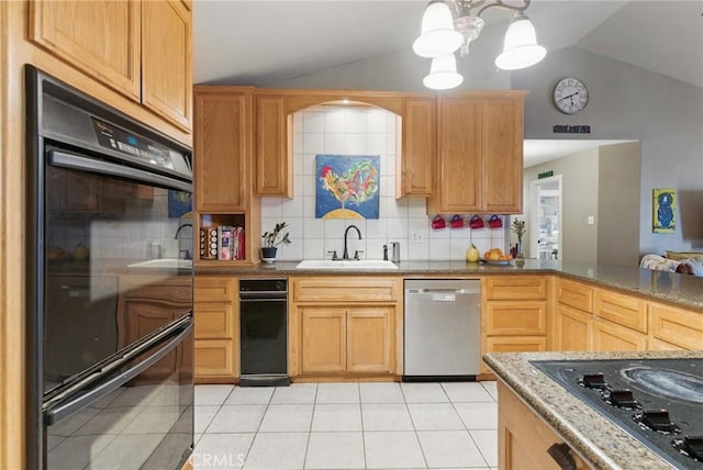 24980 Sunset Way, Tehachapi, CA 93561 - kitchen with black appliances, a sink, lofted ceiling, tasteful backsplash, and light tile patterned floors