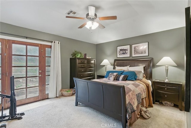 24980 Sunset Way, Tehachapi, CA 93561 - bedroom with access to exterior, light carpet, a ceiling fan, and light tile patterned flooring