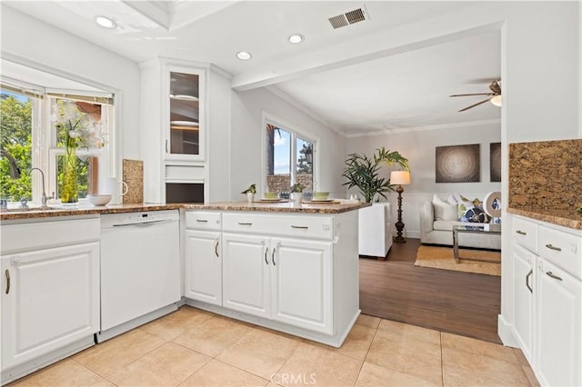 kitchen with visible vents, light stone countertops, recessed lighting, a sink, and dishwasher