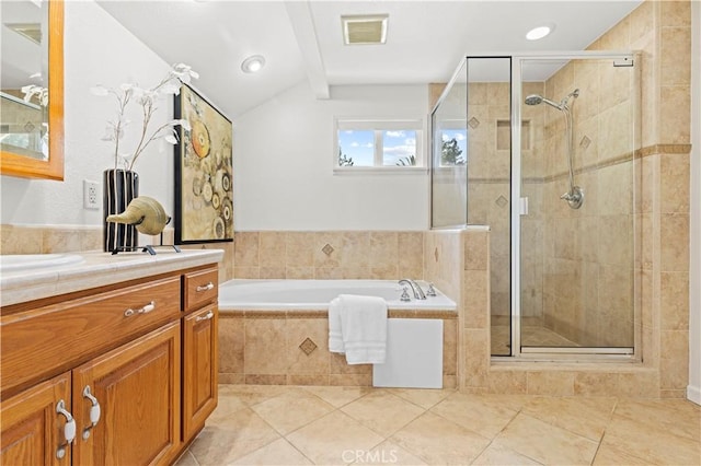 bathroom featuring vaulted ceiling with beams, tile patterned flooring, a shower stall, and visible vents
