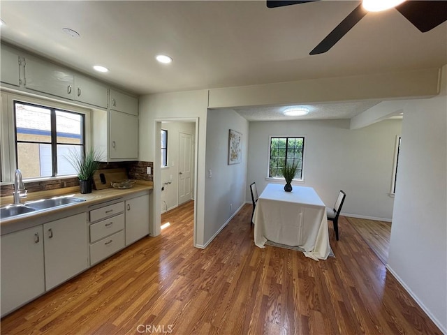 kitchen featuring a sink, baseboards, a ceiling fan, and wood finished floors