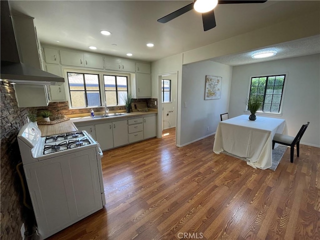 kitchen featuring ceiling fan, exhaust hood, tasteful backsplash, a sink, and white gas range oven