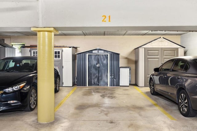 parking garage with a storage shed