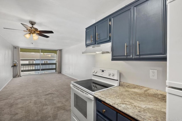 kitchen with white electric range oven, a ceiling fan, under cabinet range hood, and blue cabinets