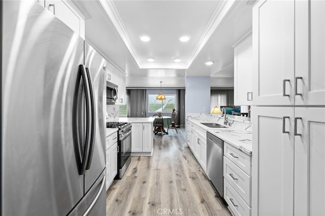 1530 Greenbriar Ave, Corona, CA 92878 - kitchen with a tray ceiling, light wood-style flooring, a sink, crown molding, and stainless steel appliances