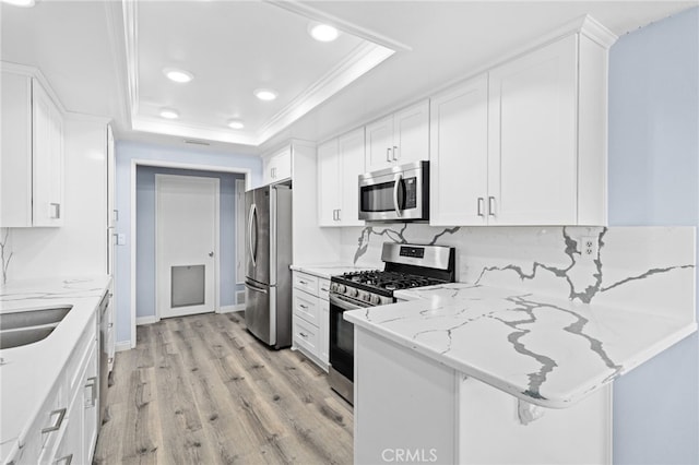 1530 Greenbriar Ave, Corona, CA 92878 - kitchen with a tray ceiling, recessed lighting, light wood-style floors, stainless steel appliances, and white cabinets
