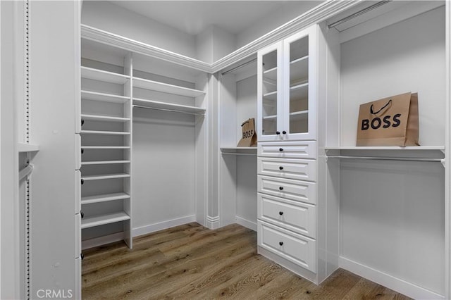 walk in closet with wood finished floors