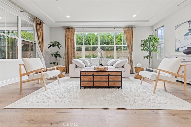 living area featuring recessed lighting, wood finished floors, and a raised ceiling