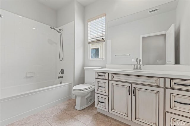 bathroom featuring tile patterned flooring, vanity, toilet, shower / washtub combination, and visible vents