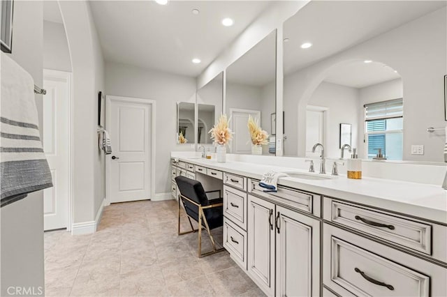 full bath featuring recessed lighting, baseboards, tile patterned flooring, and vanity