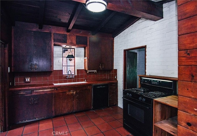 kitchen featuring a sink, tile patterned flooring, tile counters, backsplash, and black appliances