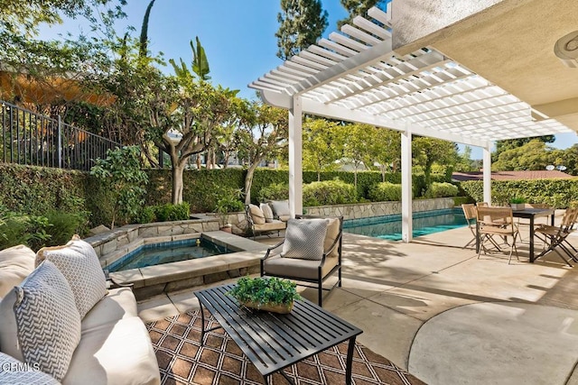 view of pool featuring an in ground hot tub, a fenced in pool, a fenced backyard, a pergola, and outdoor lounge area