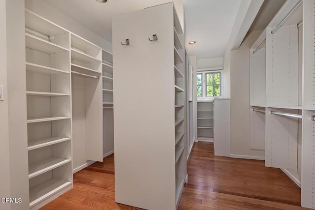 walk in closet with wood finished floors