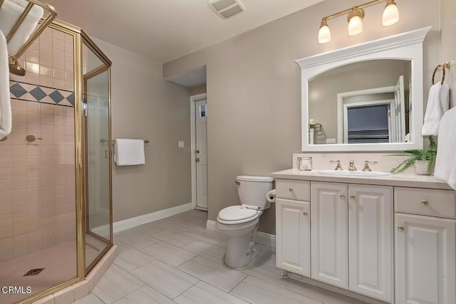 bathroom with toilet, visible vents, and a shower stall