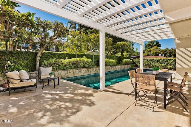 view of pool featuring a fenced in pool, a pergola, a fenced backyard, and a patio area