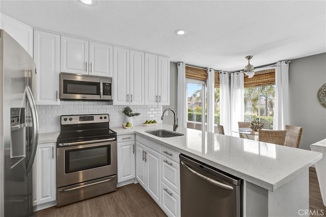 kitchen with appliances with stainless steel finishes, a sink, a peninsula, white cabinetry, and backsplash