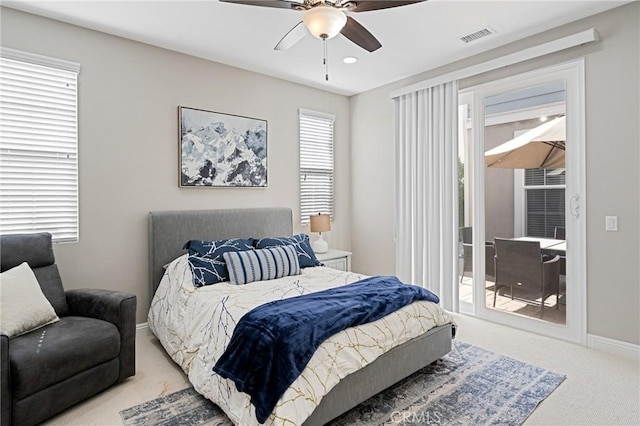 carpeted bedroom with visible vents, baseboards, ceiling fan, access to outside, and recessed lighting