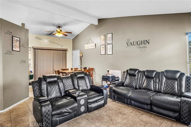 cinema with tile patterned floors, baseboards, lofted ceiling with beams, and a ceiling fan