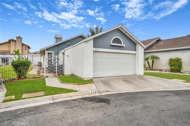 view of front of property with fence, a front lawn, a garage, stucco siding, and concrete driveway