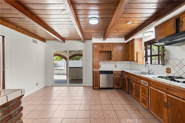 kitchen with a sink, decorative backsplash, white gas stovetop, and dishwasher
