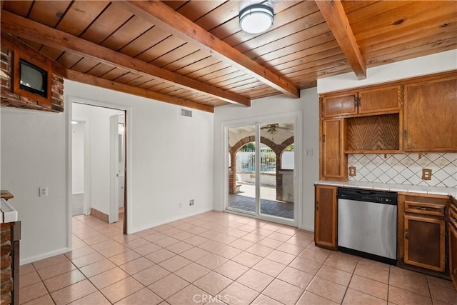 kitchen with stainless steel dishwasher, beamed ceiling, tile counters, wooden ceiling, and backsplash