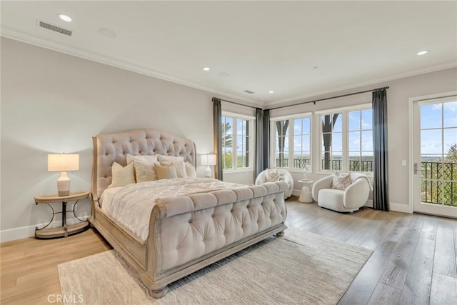 bedroom with visible vents, ornamental molding, access to exterior, light wood-style floors, and baseboards