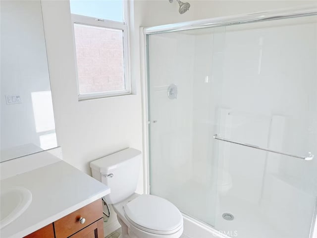 full bathroom with vanity, a shower stall, and toilet