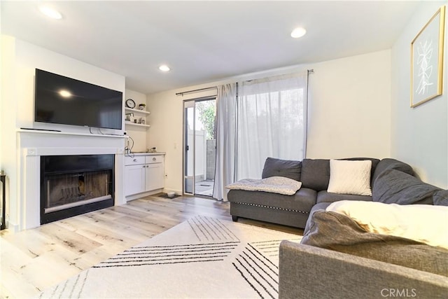living area featuring light wood-style floors, recessed lighting, and a fireplace