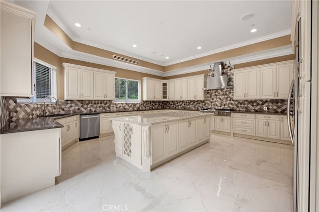 kitchen with crown molding, a kitchen island, a sink, and dishwasher