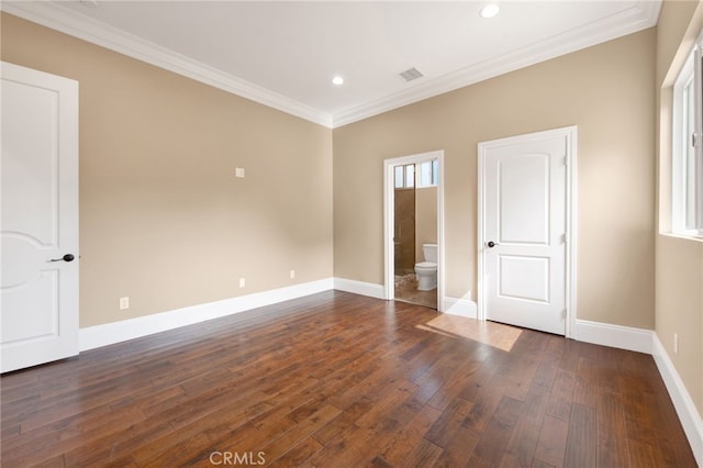 unfurnished bedroom with crown molding, recessed lighting, dark wood finished floors, and baseboards