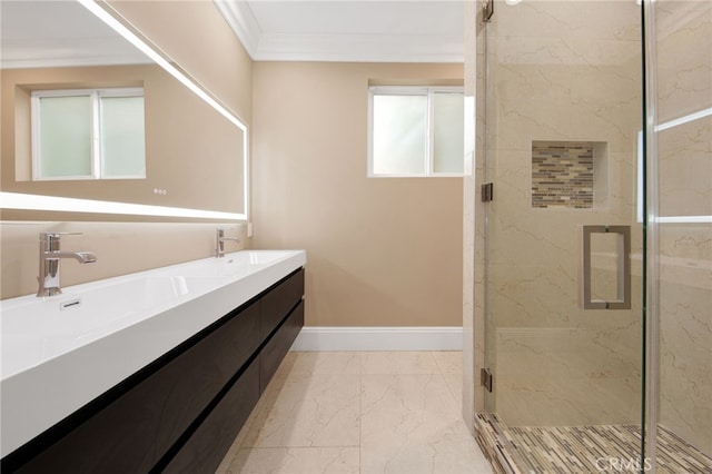 full bathroom with crown molding, a sink, marble finish floor, and a marble finish shower