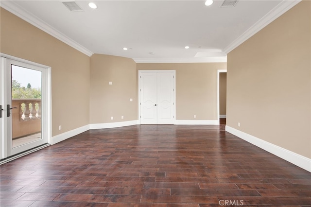 unfurnished room featuring recessed lighting, ornamental molding, and dark wood-style floors