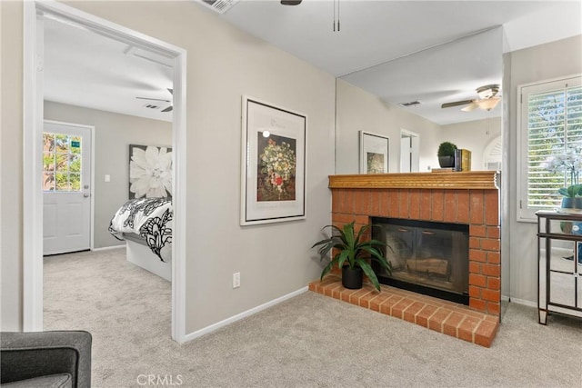 21340 Via Del Puma, Yorba Linda, CA 92887 - living area featuring ceiling fan, carpet floors, and a brick fireplace