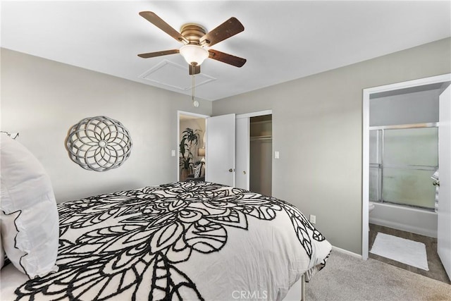 21340 Via Del Puma, Yorba Linda, CA 92887 - carpeted bedroom featuring attic access, ceiling fan, a closet, and ensuite bath