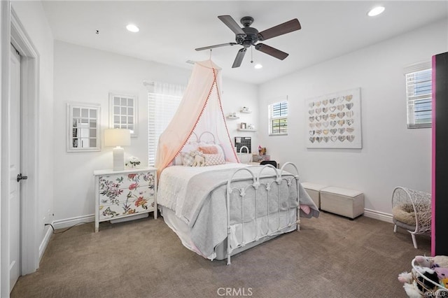 bedroom featuring baseboards, recessed lighting, and carpet