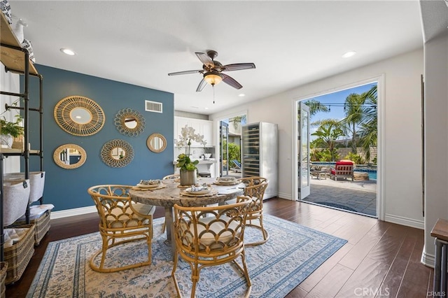 29291 Via Zamora, San Juan Capistrano, CA 92675 - dining space featuring a ceiling fan, baseboards, wood finished floors, recessed lighting, and wine cooler