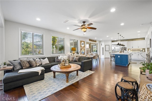 29291 Via Zamora, San Juan Capistrano, CA 92675 - living room with a ceiling fan, dark wood-type flooring, and recessed lighting