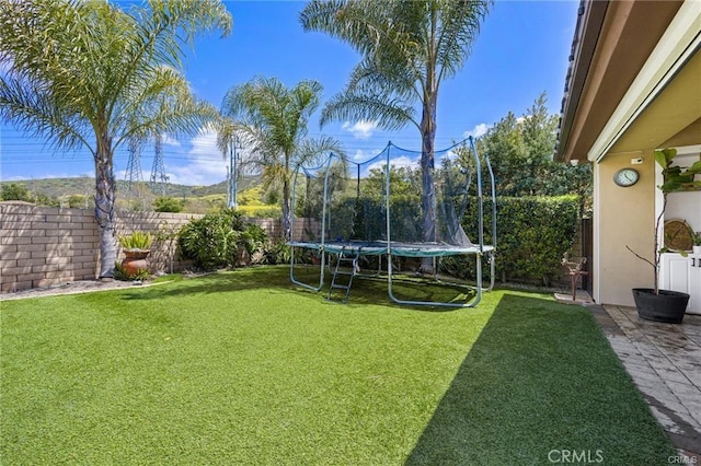 view of yard featuring a fenced backyard and a trampoline