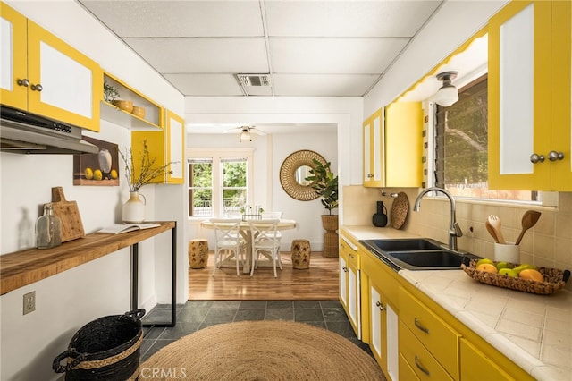 1559 Diamond Ave, South Pasadena, CA 91030 - kitchen with decorative backsplash, a ceiling fan, dark wood-style flooring, a sink, and tile counters