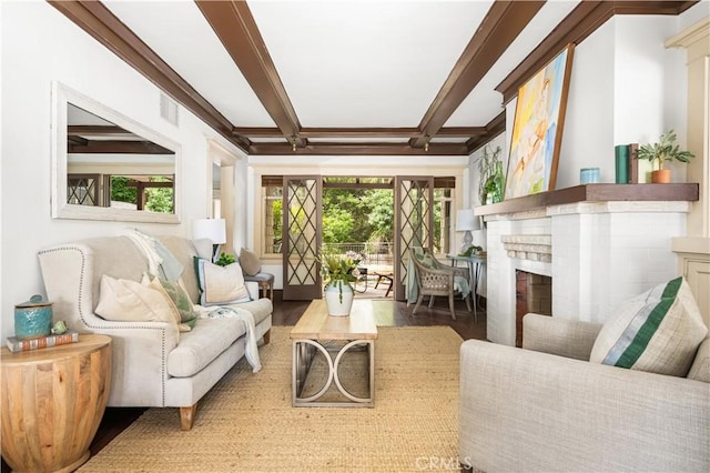 1559 Diamond Ave, South Pasadena, CA 91030 - living room with wood finished floors, coffered ceiling, a brick fireplace, and beam ceiling